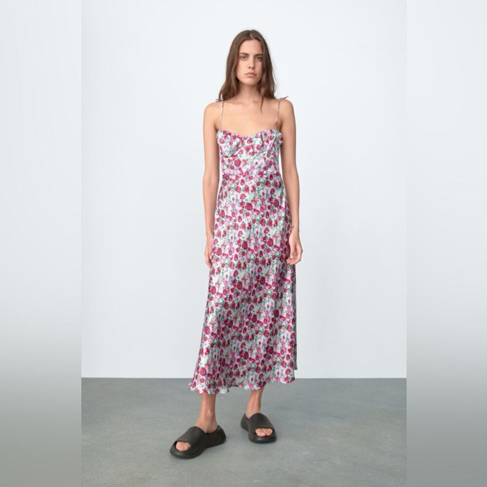 NWT Zara Satin Floral Spaghetti Strap Slip Dress Size US XS